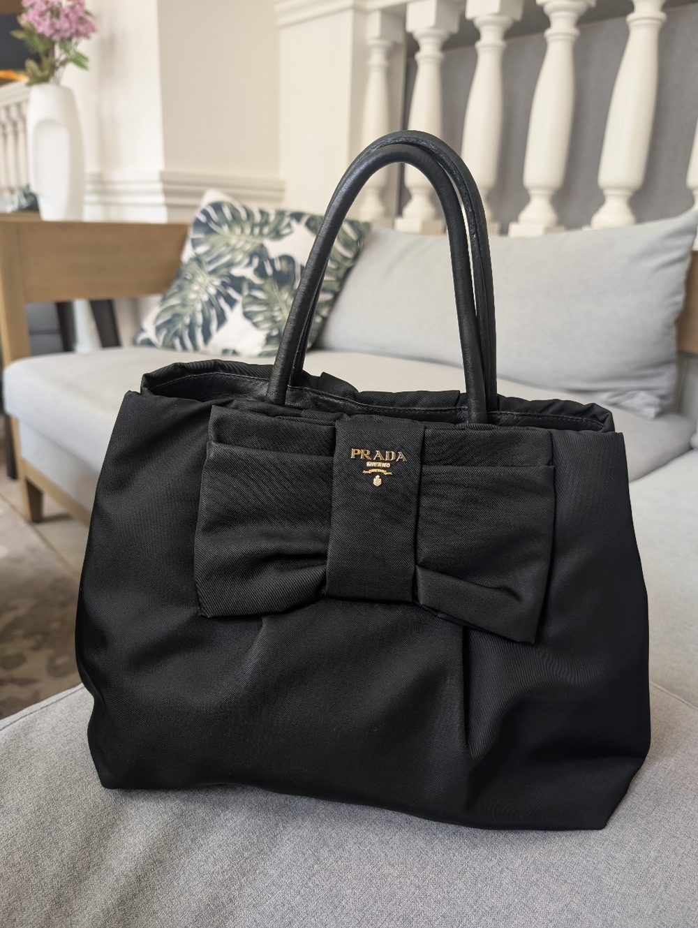 Prada Black Nylon Tote with Signature Bow and Gold Logo
